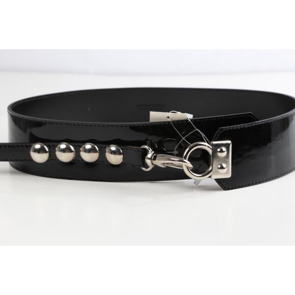 Vintage Set of 2 Black Patent Leather Wide Belts Silver Studded Chain Punk M 85 - Picture 16 of 16
